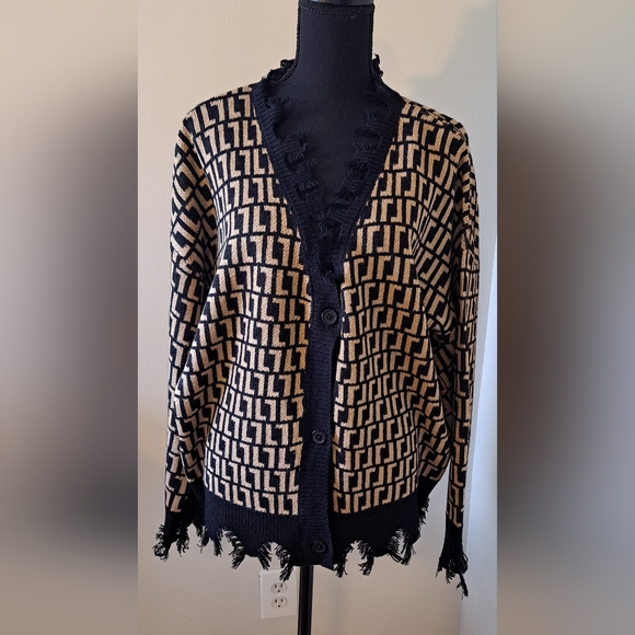 3X Geometric Print Distressed Trendy Threads | Cardigan |Black Bronze/Gold | NWT - Picture 14 of 16